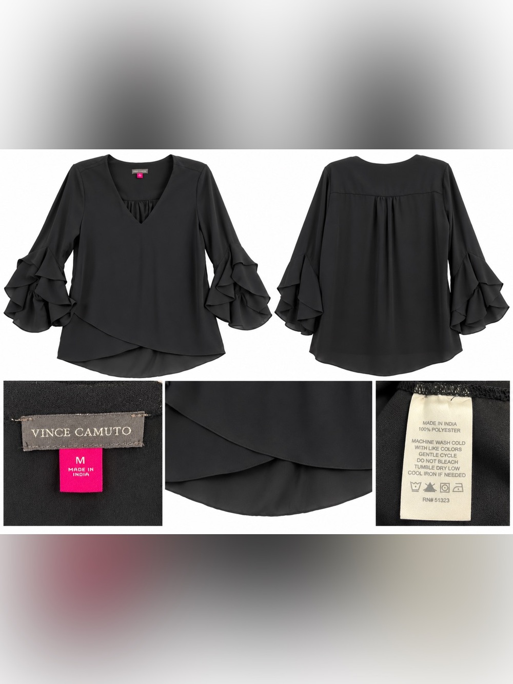 Vince Camuto Women’s M Black Blouse Ruffle Bell Sleeve V Neck Layered Hem